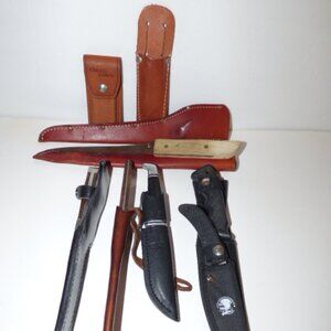 Lot of 6 multi-use knives with leather & nylon sheaths - plus 2 smaller sheaths